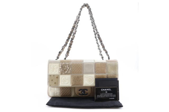 【CHANEL】シャネル アイコン ショルダーバッグ チェーンショルダー パッチワーク ラムスキン×ハラコ×オーストリッチ ベージュ 肩掛け ターンロック icon レディースA-ランク