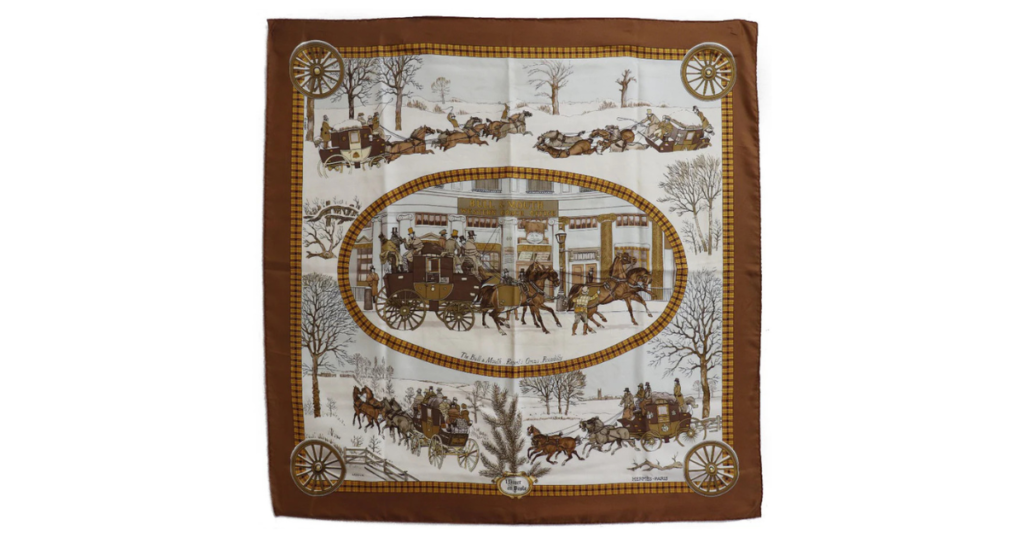 【HERMES】エルメス カレ90 スカーフ LHIVER EN POSTE 冬の郵便馬車 シルク 茶/白 Carree90 レディース