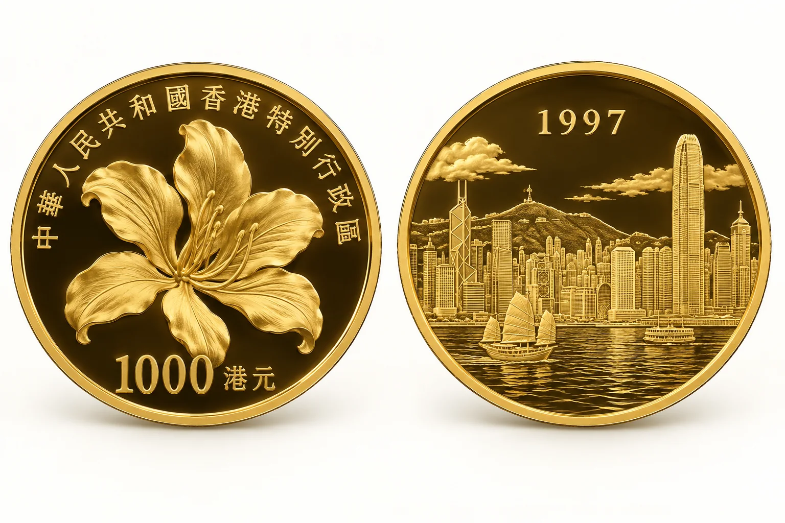 香港返還記念1,000香港ドル金貨の表裏を並べたAI生成イメージ