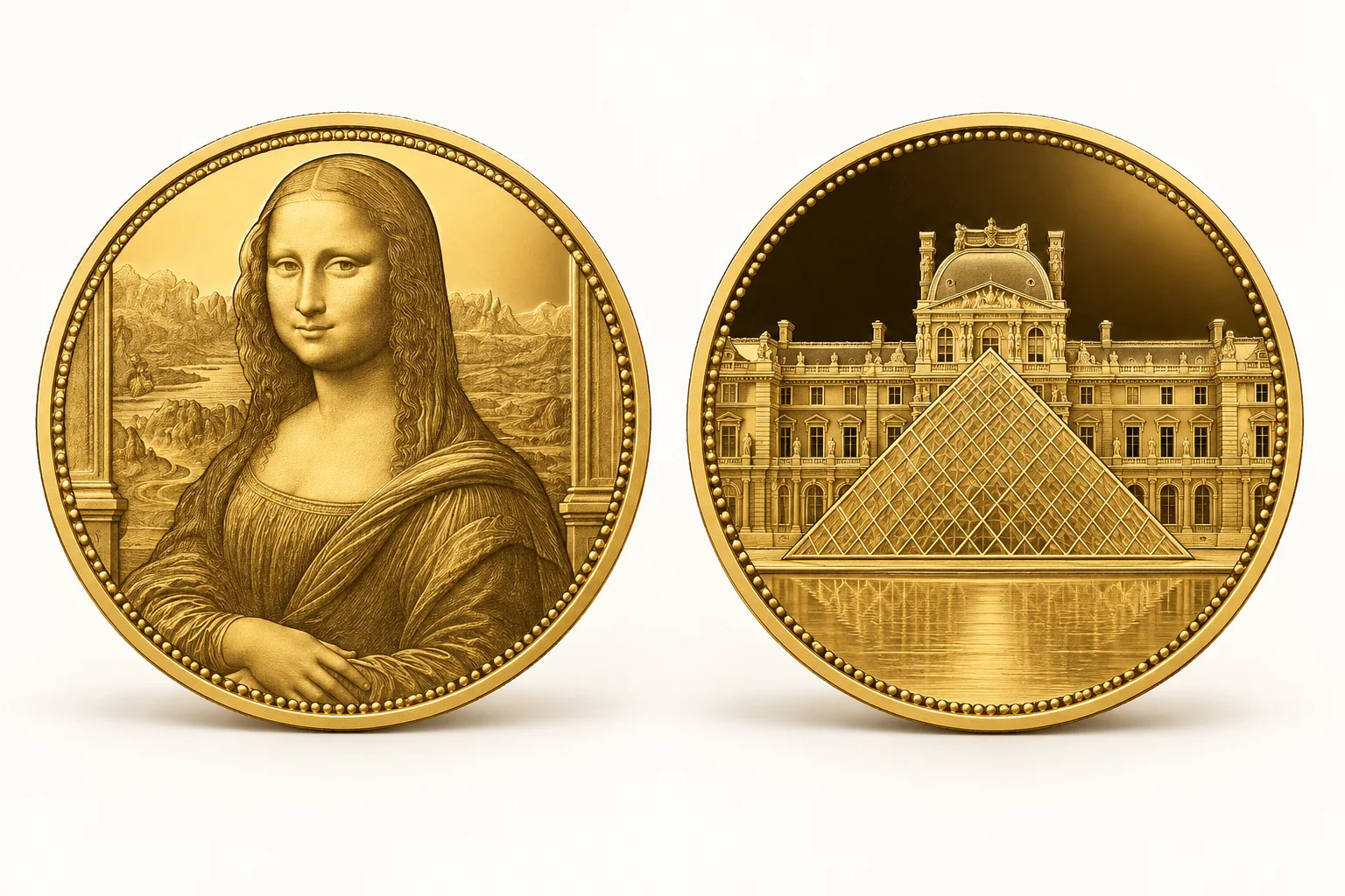 ルーブル美術館200周年記念500フラン金貨の表裏を並べたAI生成イメージ