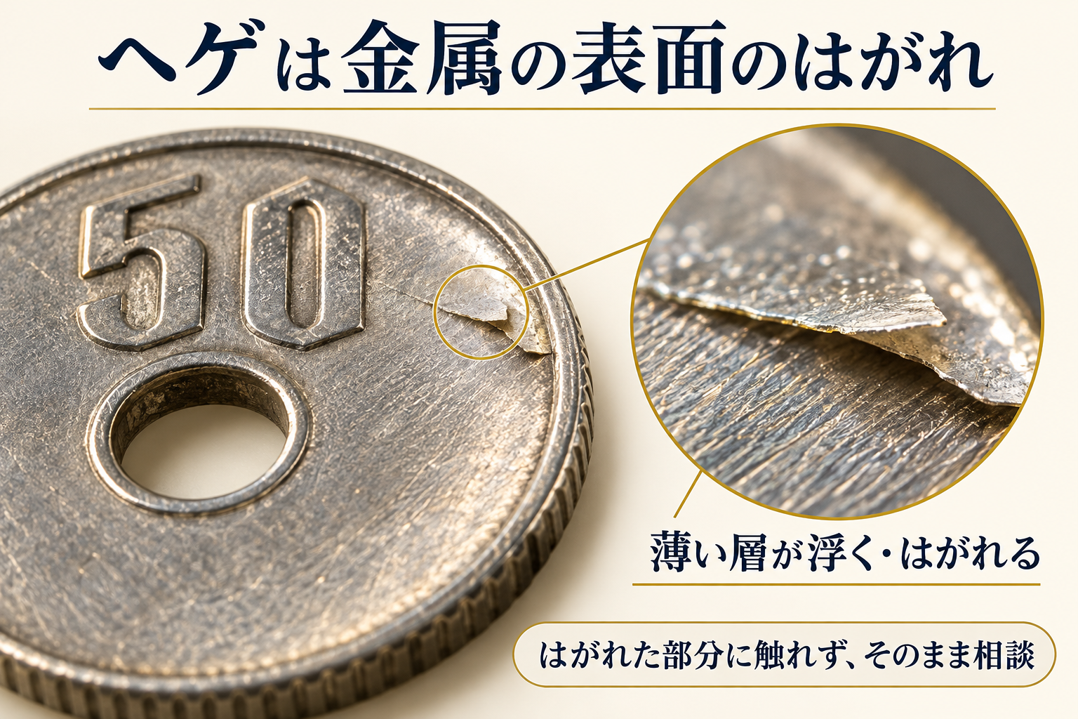 ヘゲによって金属の薄い層が浮き上がる様子の拡大図