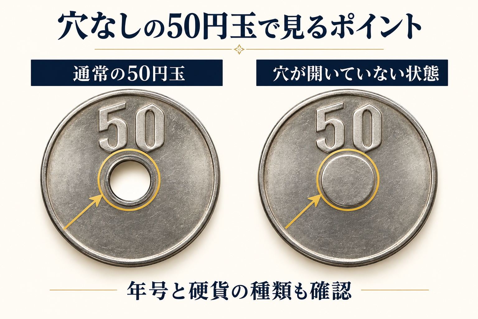 50円玉の中央に穴がある状態と開いていない状態の比較図