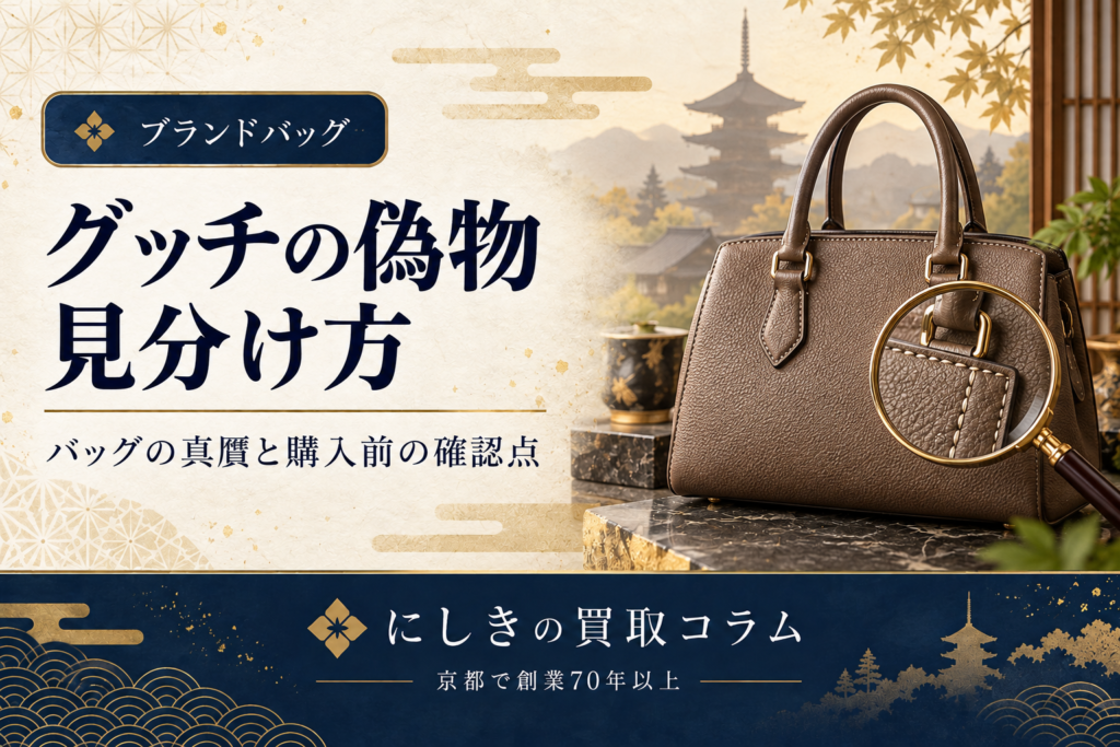 グッチのバッグの偽物の見分け方を紹介するアイキャッチ。バッグの縫製を虫眼鏡で見るイメージ