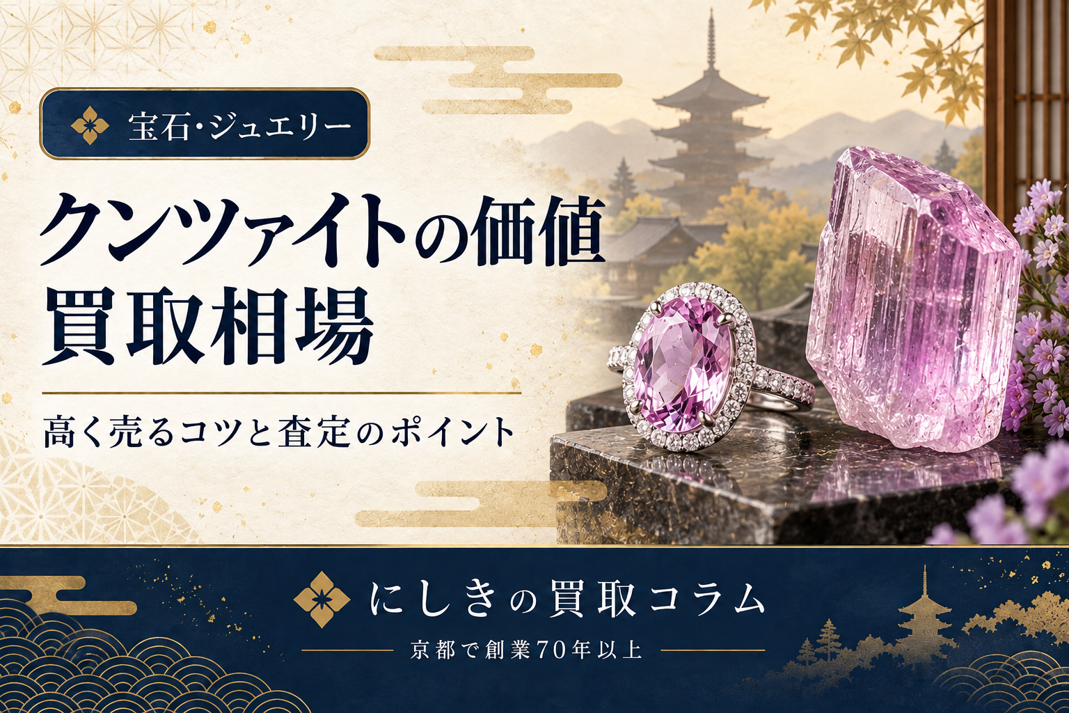 クンツァイトの価値と買取相場を紹介するアイキャッチ。ピンク色の宝石とリングのイメージ