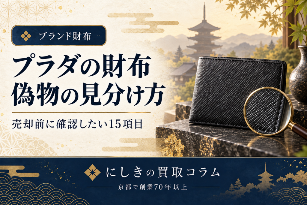 プラダの財布の偽物の見分け方を紹介するアイキャッチ。財布の素材を虫眼鏡で見るイメージ