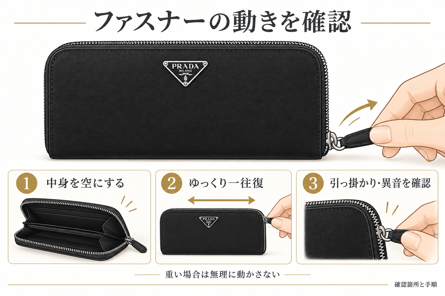 プラダの財布:ファスナーの動きを確認する手順