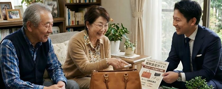 ご自宅でお品物を査定しているようす